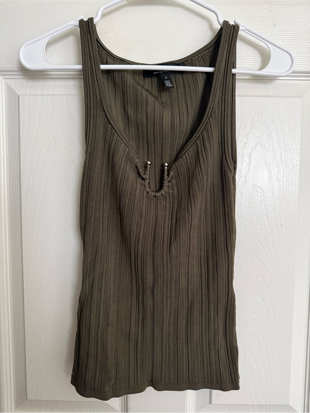 White House Black Market Olive Ribbed Tank with Beaded Keyhole